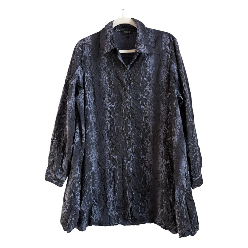 Comfy USA Shirt Womens Large Crinkle Snake Print Button Up Top CD123P Art Boxy